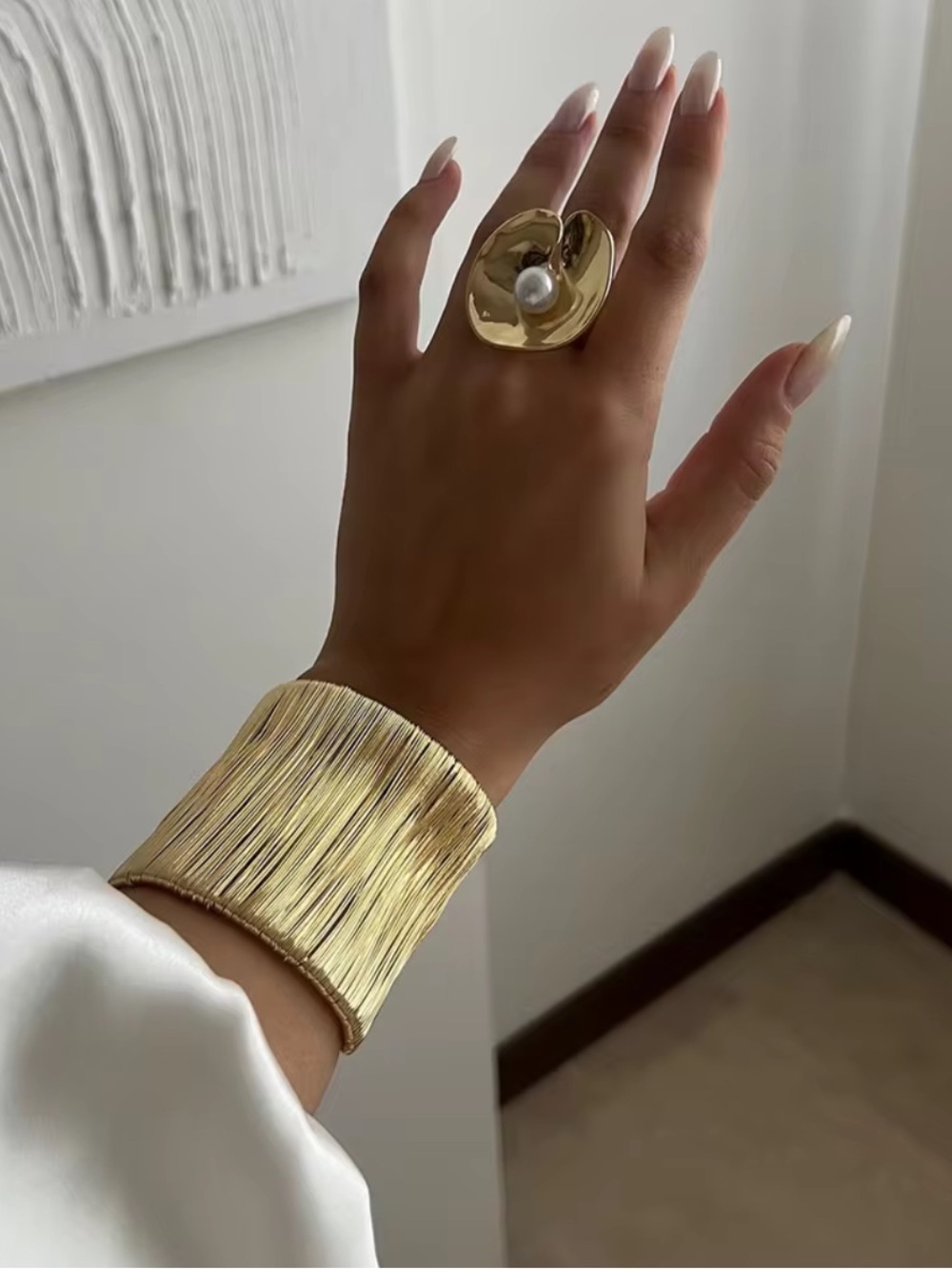Anthropologie Gold Fringe Statement Cuff Bracelet with Pearl Accent Ring